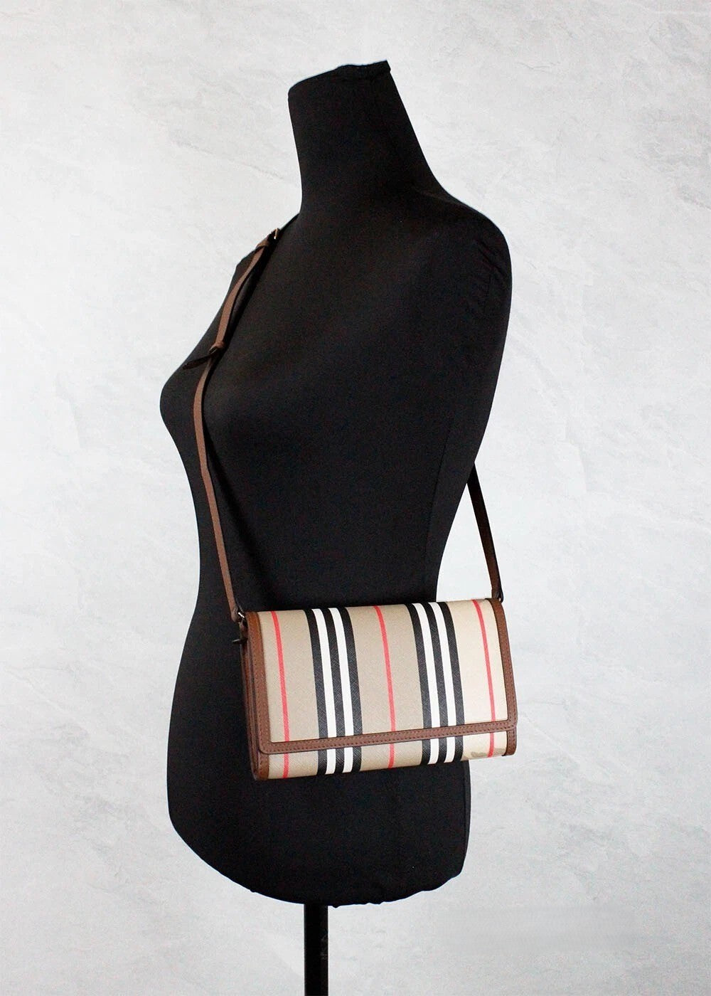 Burberry Hannah Icon Stripe Archive Tan E-Canvas Leather Wallet Crossbody Bag