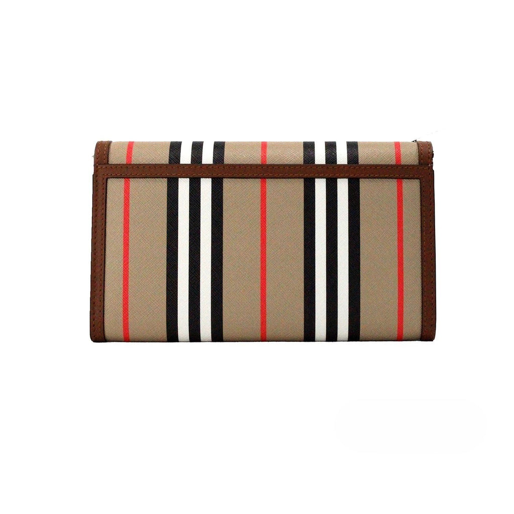 Burberry Hannah Icon Stripe Archive Tan E-Canvas Leather Wallet Crossbody Bag