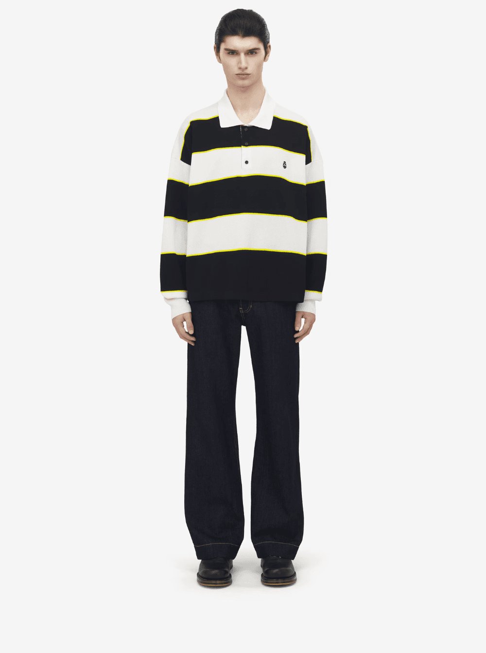 Alexander Mcqueen Men Black And White Long-Sleeve Polo Shirt With Logo Patch On The Front And All-Over Striped Motif In Cotton Blend Man