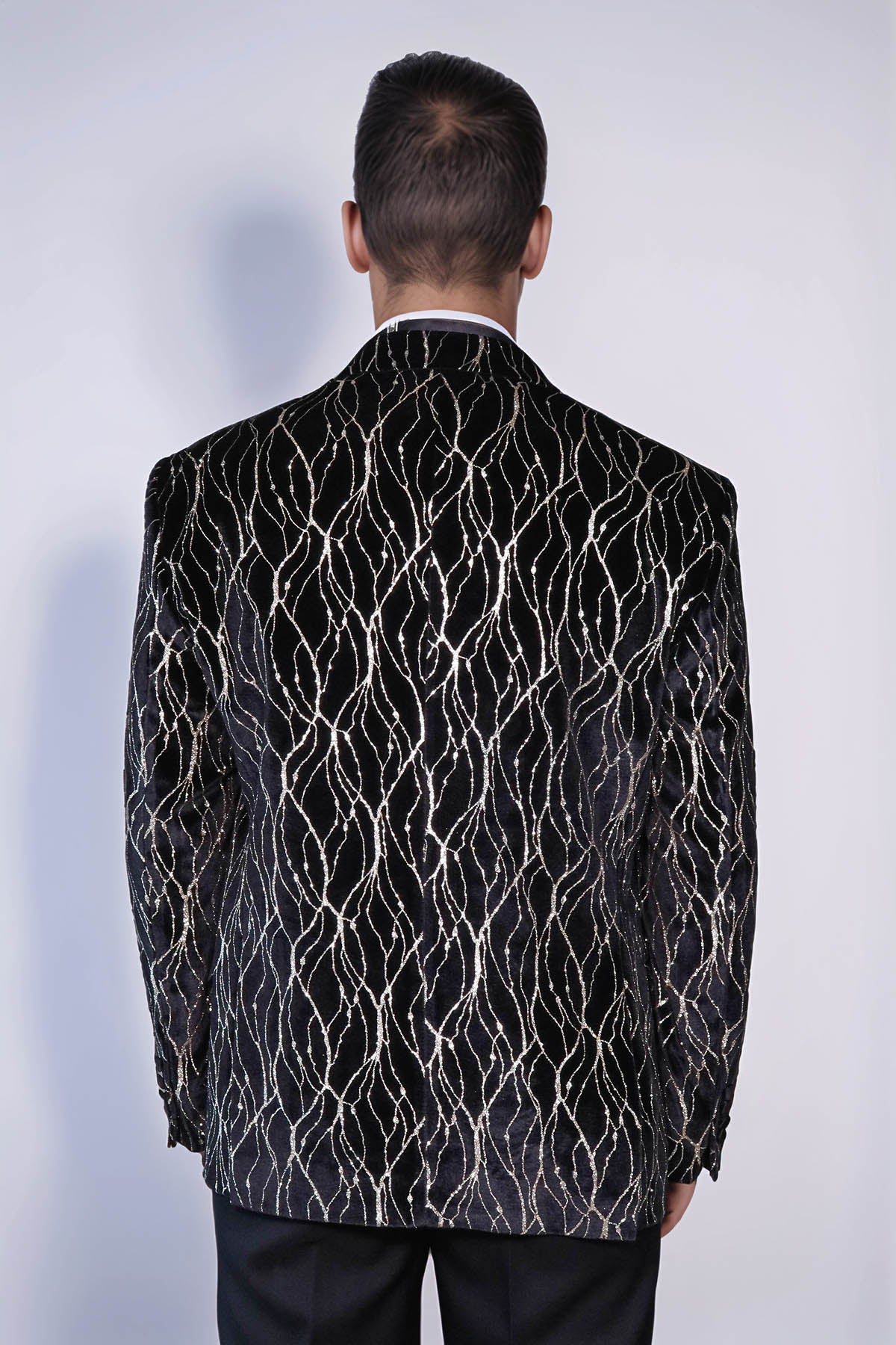 Gold Patterned Over Black Velvet Men Evening Tuxedo Blazer - Wessi