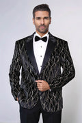 Gold Patterned Over Black Velvet Men Evening Tuxedo Blazer - Wessi