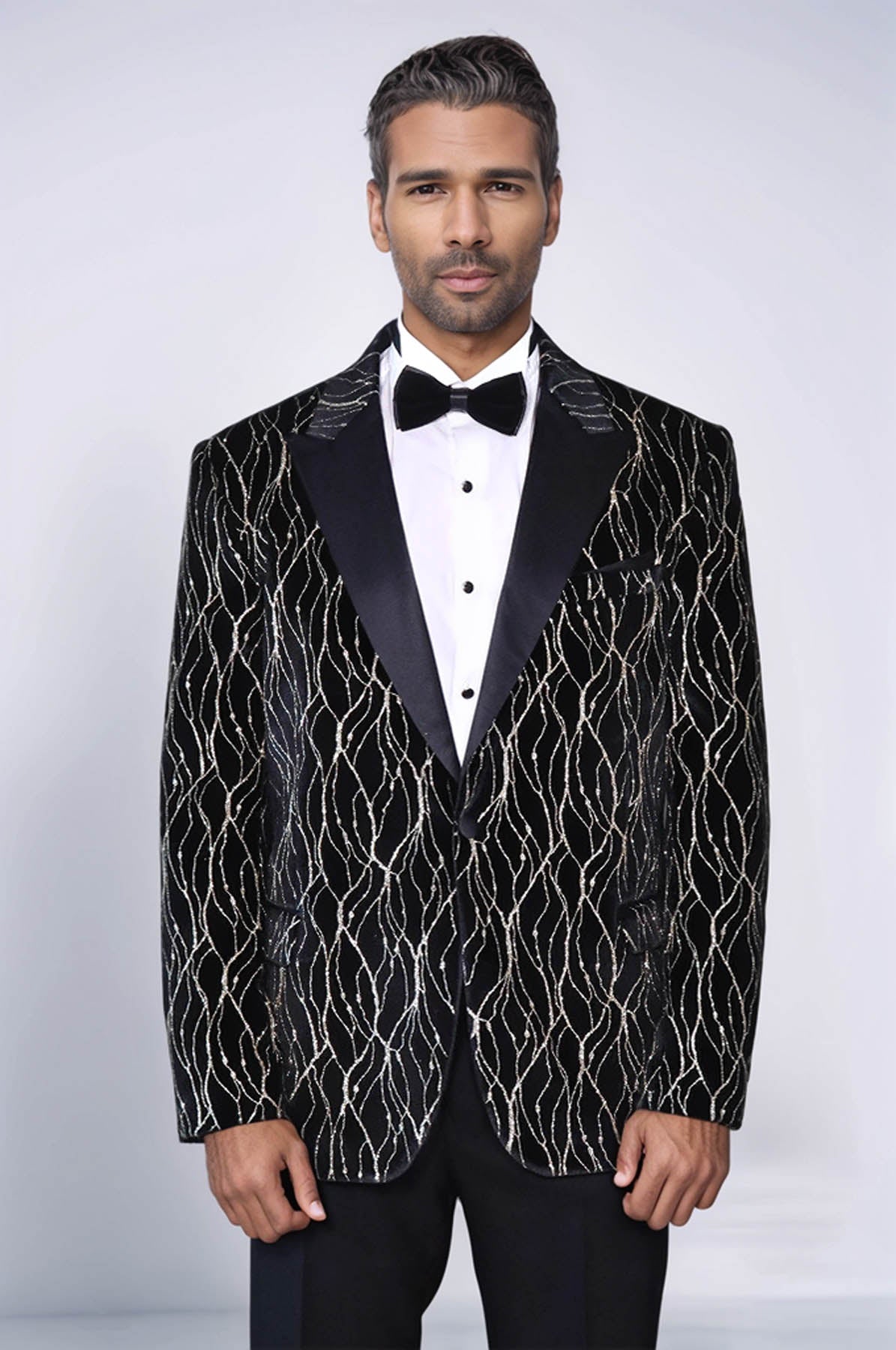 Gold Patterned Over Black Velvet Men Evening Tuxedo Blazer - Wessi