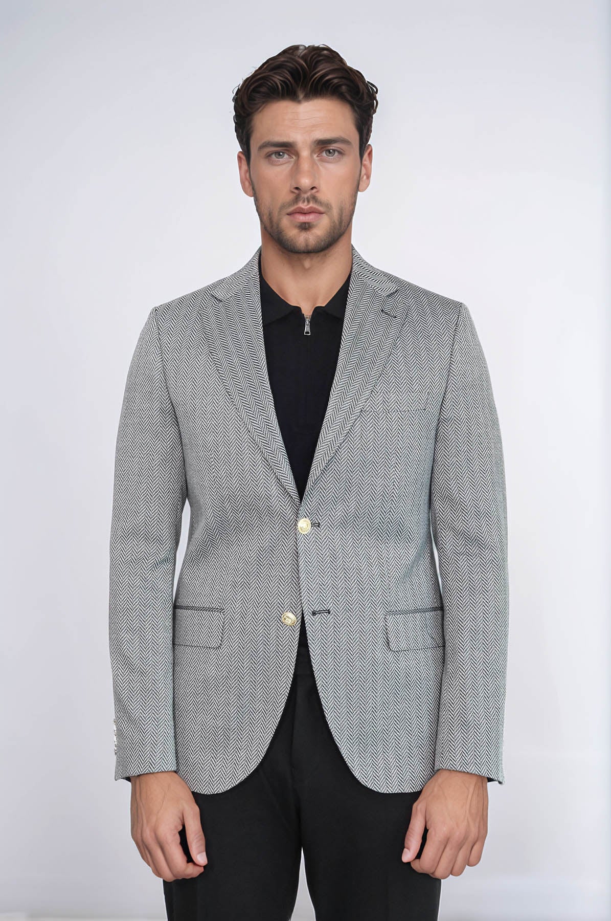 Black Herringbone Pattern Gold Metal Button Slim Fit Men's Blazer Jacket - Wessi