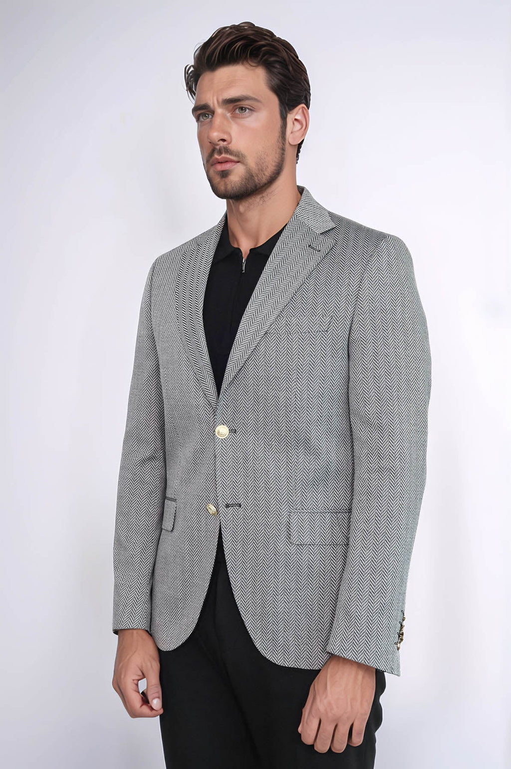 Black Herringbone Pattern Gold Metal Button Slim Fit Men's Blazer Jacket - Wessi