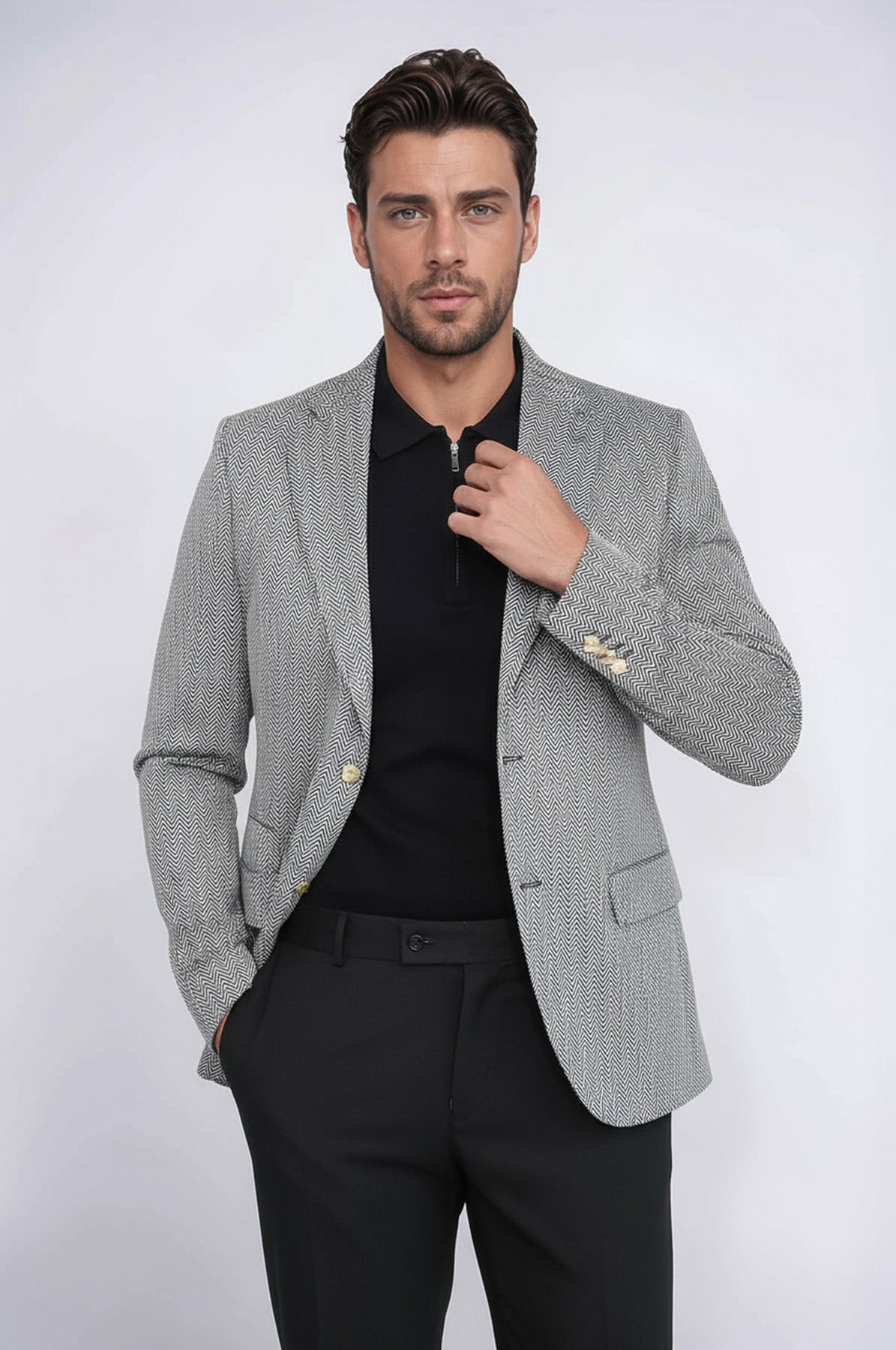 Black Herringbone Pattern Gold Metal Button Slim Fit Men's Blazer Jacket - Wessi